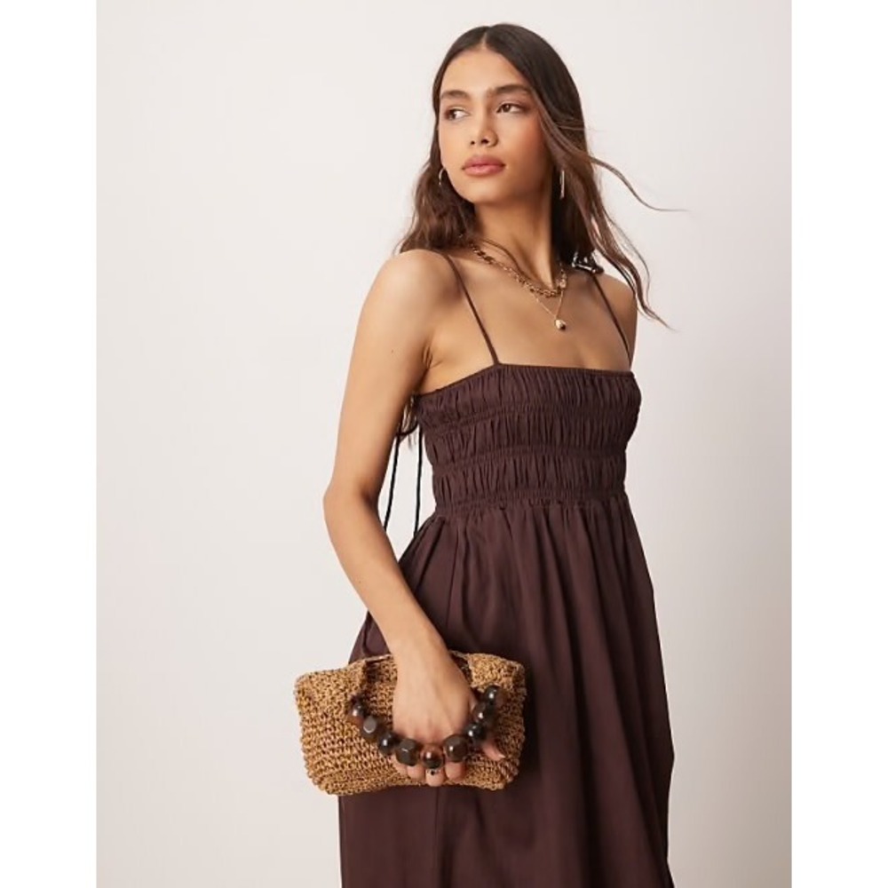 ASOS DESIGN Shirred Bust Cotton Sateen Midi Sundress Bow Tie Strap Chocolate 10